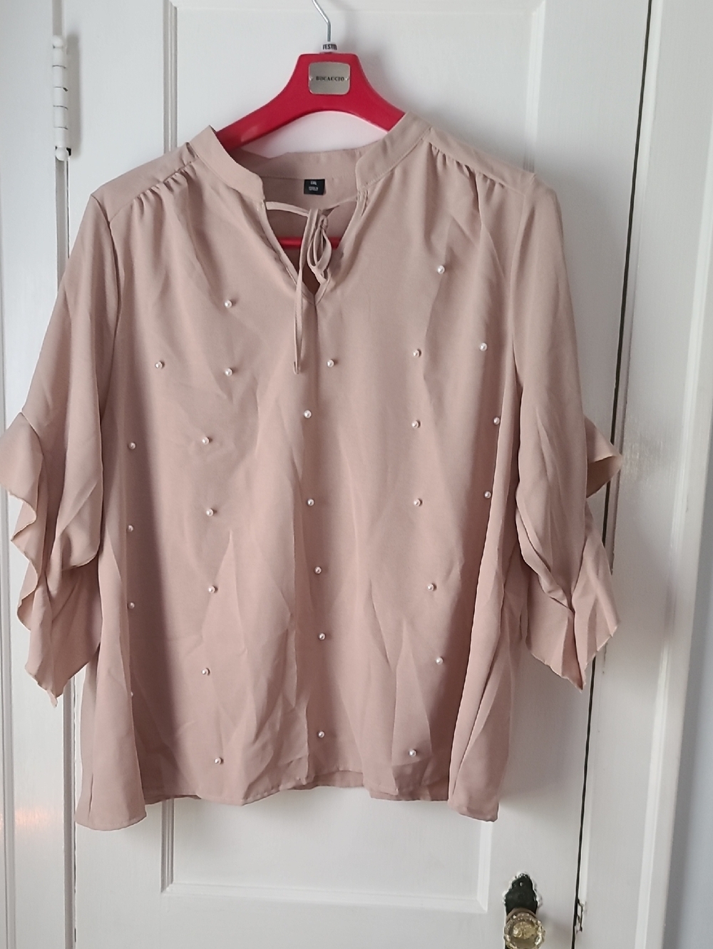 SHEIN Blush Pearl-Studded Tie-Neck Flutter Sleeve Blouse